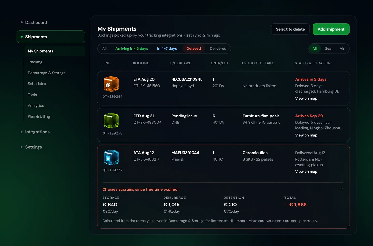 Demurrage and storage charges inside the Qubictron shipment list